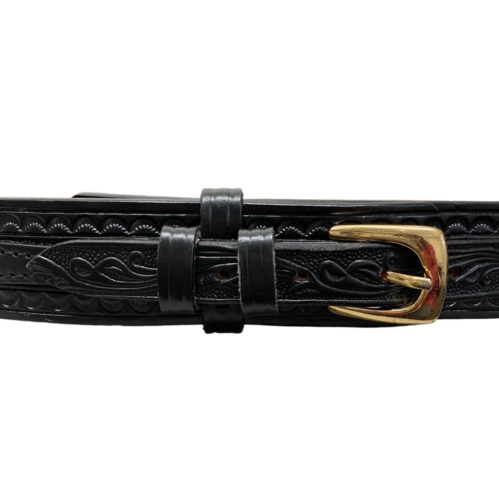 Dutyman Black Tooled Leather Belt with Brass Buckle Full grain leather. Men's 38